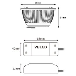 Spot encastré avec modules LED 5W, adaptateur secteur à gradation et cadre de montage en argent brossé, optique ronde