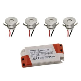 kIT 4 piezas "FORTIS" mini foco empotrable de aluminio LED 3W blanco cálido con alimentación IP67 12VDC