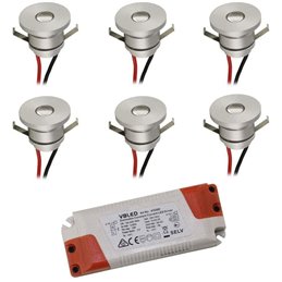 Set of 6 LED aluminium mini recessed spotlights 1W warm white IP65 with LED transformer