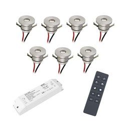Set of 7 1W LED aluminium mini recessed spotlights warm white with RF radio power supply unit