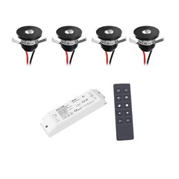 Set de 4 mini spots encastrés LED 1W en aluminium noir blanc chaud avec alimentation RF et télécommande