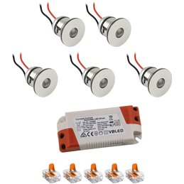 Set van 6 1W LED aluminium mini inbouwspots warm wit met dimbare voeding - zilver