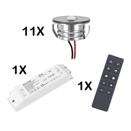 Set of 11 3W LED Mini Spot recessed spotlights warm white dimmable with radio power supply unit and remote control