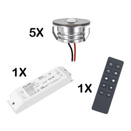 Set di mini spot da incasso a LED da 1W - Minispot "FOCOS" - 12V DC - IP44 - 3000K - Orientabile - Argento