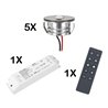 Set of 5 3W LED Mini Spot recessed spotlights warm white dimmable with radio power supply unit and remote control