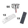 Set of 9 3W LED Mini Spot recessed spotlights warm white dimmable with radio power supply unit and remote control