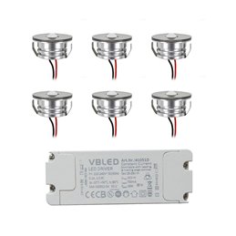 Set de 6 mini spots encastrés LED 1W en aluminium blanc chaud avec alimentation radio RF 12VDC