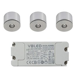 Set of 7 1W LED aluminium mini recessed spotlights warm white with RF radio power supply unit