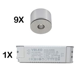 Set of 9 3W LED mini spot/ceiling-mounted spot / IP65 / WW / incl. dimmable LED power supply unit