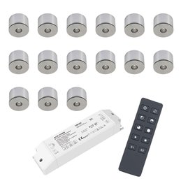 Set of 15 3W LED Mini Spot surface mounted luminaire warm white dimmable with radio power supply unit and remote control