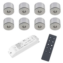 Set of 8 3W LED Mini Spot surface mounted luminaire warm white dimmable with radio power supply unit and remote control