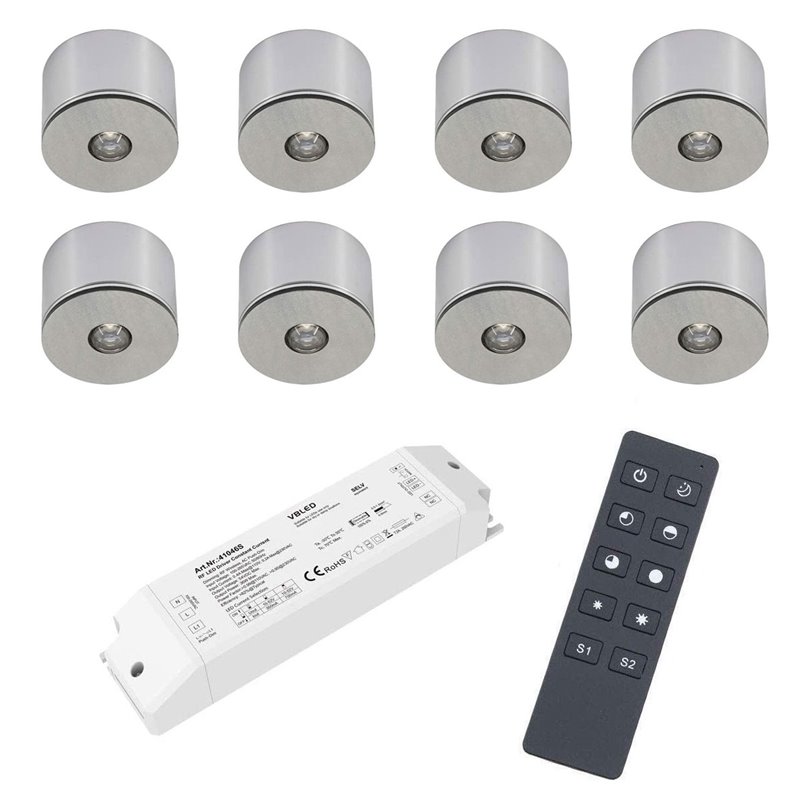 Mini riflettoriSet di 8 Mini Spot LED da 3W per montaggio a superficie, bianco  caldo e dimmerabile, con alimentatore radio e telecomando