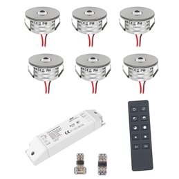 Set of 6 1W LED aluminium mini recessed spotlights, black warm white with RF radio power supply unit and remote control.