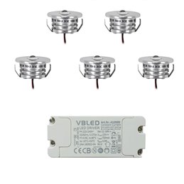 Set di 3 mini faretti da incasso a LED da 1W - Minispot "FOCOS" - 12V DC - IP44 - 3000K - Orientabile - Argento