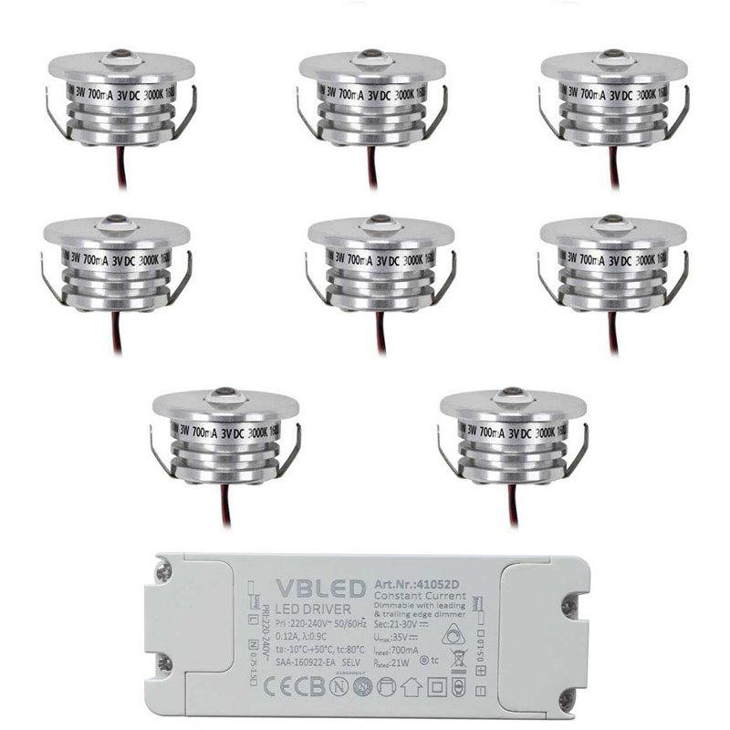 |Mini Spotlights|Set of 8 mini recessed spotlights 3W 700mA 160lm warm ...
