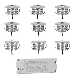 Set of 7 3W LED aluminium mini recessed spotlights "Luxonix" warm white with dimmable power supply unit