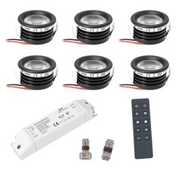 Set of 6 1W LED aluminium mini recessed spotlights, black warm white with RF radio power supply unit and remote control.