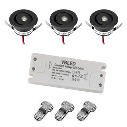 Set de 4 mini spots encastrés LED 1W en aluminium noir blanc chaud avec alimentation RF et télécommande