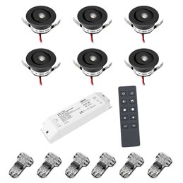 Set of 6 3W LED mini recessed spotlights - "OCULOS" Minispot 3000K with radio power supply and remote control black