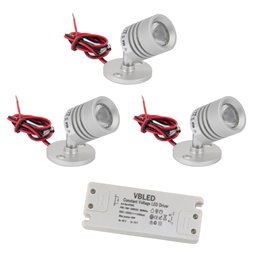 Set of 3 1W Mini Surface Mounted Spotlights Rotating & Swivelling 80lm warm white with 6W 12VDC power supply unit