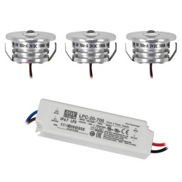 Set de 3 mini spots encastrés LED 1W - "FOCOS" Minispot - 12V DC - IP44 - 3000K - Orientable - Silver