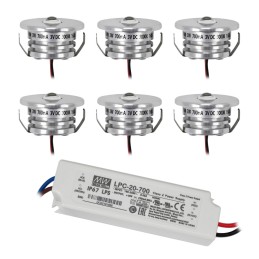 Juego de 10 mini focos empotrables de aluminio LED de 1W blanco cálido con fuente de alimentación regulable - plata