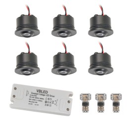 Set of 6 1W LED Mini Recessed Spotlights - "FOCOS" Minispot - 12V DC - IP20 - 3000K - Swivel - Black